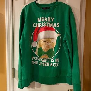 Cat Sweatshirt Christmas Funny Saying Green Gift in litter box “Ugly Sweater”